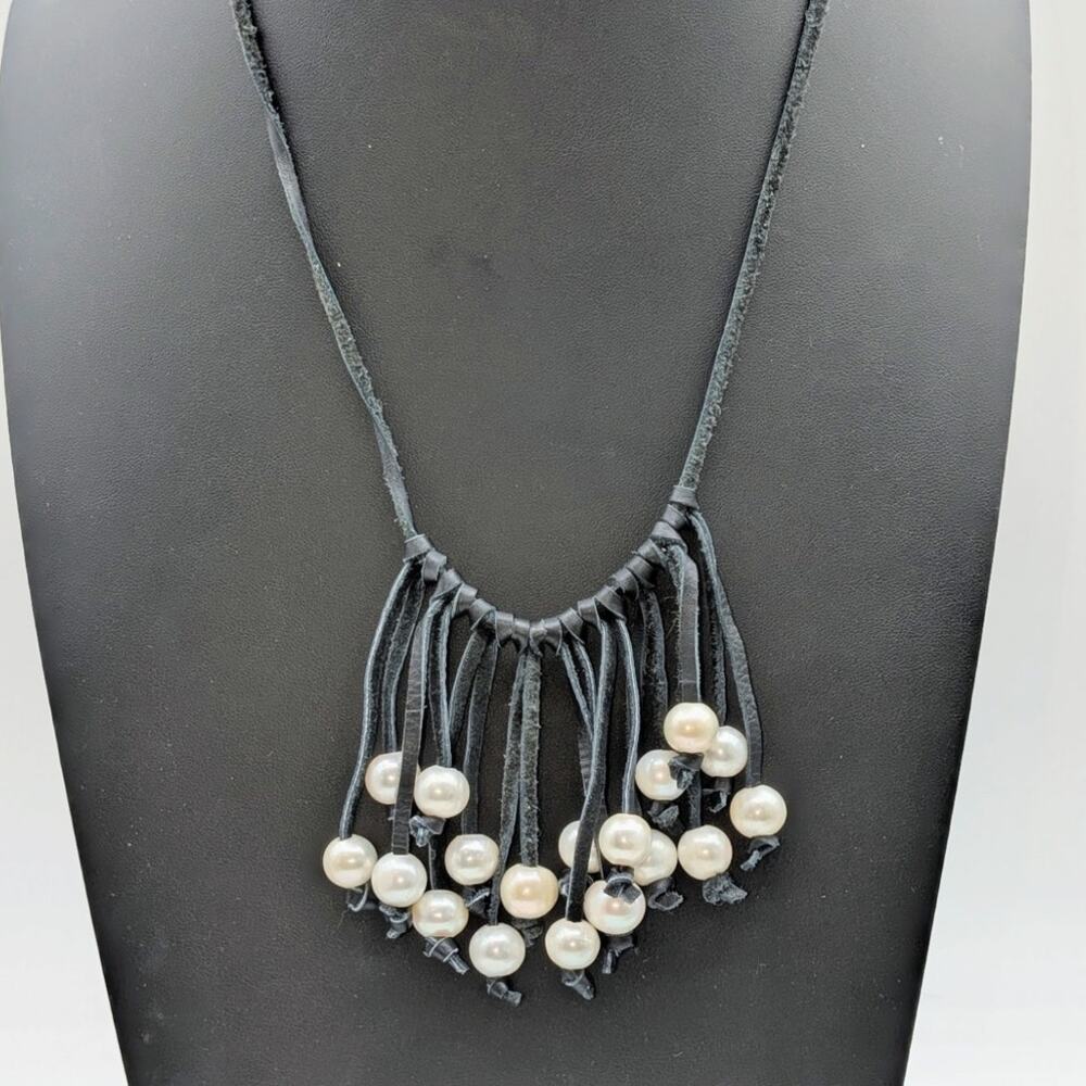 Faux Pearl Adjustable Leather Cord Fringe Boho Hippie Necklace